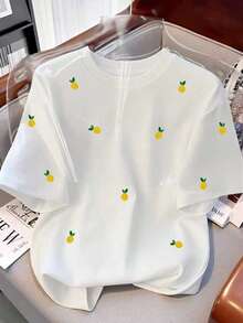 Franclia Women's Casual Lemon Print T-Shirt, Faux Embroidered Lemon Pattern Round Neck Digital Printing All-Over Graphic Tee - White - View 3