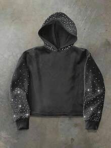 Glimmora 女式休闲时尚街头水钻装饰连帽短款羊毛运动衫，秋冬 - 深灰色 - 查看 3