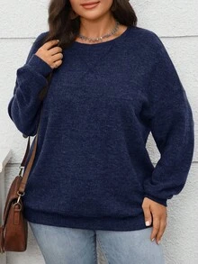 EMERY ROSE 大码女式纯色圆领落肩长袖休闲抓绒卫衣，秋冬新年圣诞派对保暖舒适，适合大码女式冬季穿着，新年外出，2025新款，简约时尚，日常穿着，大码冬季，圣诞节，新年，约会之夜