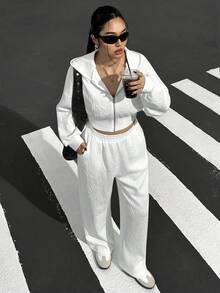 SHEIN EZwear Plus Size 2pcs Set: Casual Sports Letter Embossed Zip-Up Hoodie And Pants, Autumn/Winter