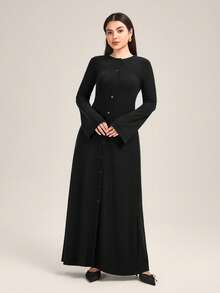 Veilorie Vestido de punto cómodo y versátil de cintura ceñida para uso diario casual - Negro - Ver 1