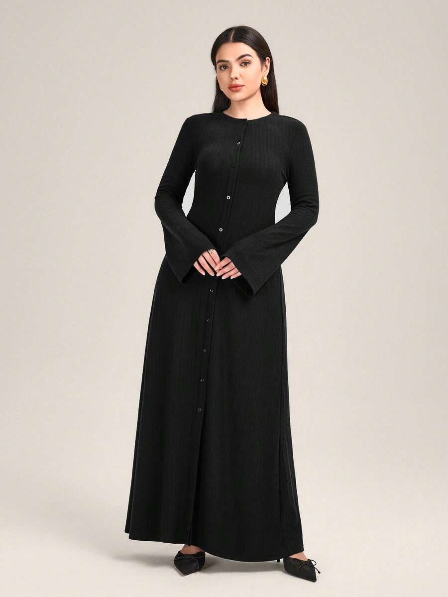 Veilorie Vestido de punto cómodo y versátil de cintura ceñida para uso diario casual - Negro - Ver 1