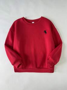 SHEIN 女童服装纯红色圆领刺绣运动衫搭配格子百褶裙女童两件套，红色格子裙套装，圣诞裙套装 - 紅色 - 查看 7