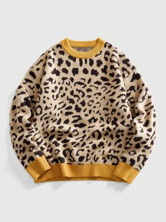 Street Life Pull casual ample à manches longues, col rond, avec motif jacquard léopard blocs de couleurs pour hommes