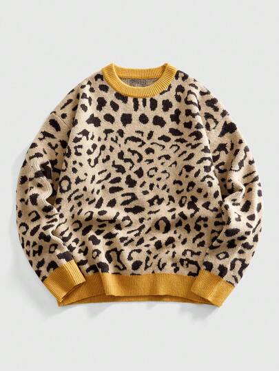ROMWE MEN Street Life Suéter casual de punto holgado con cuello redondo y manga larga, con estampado de leopardo jacquard y bloques de color para hombre