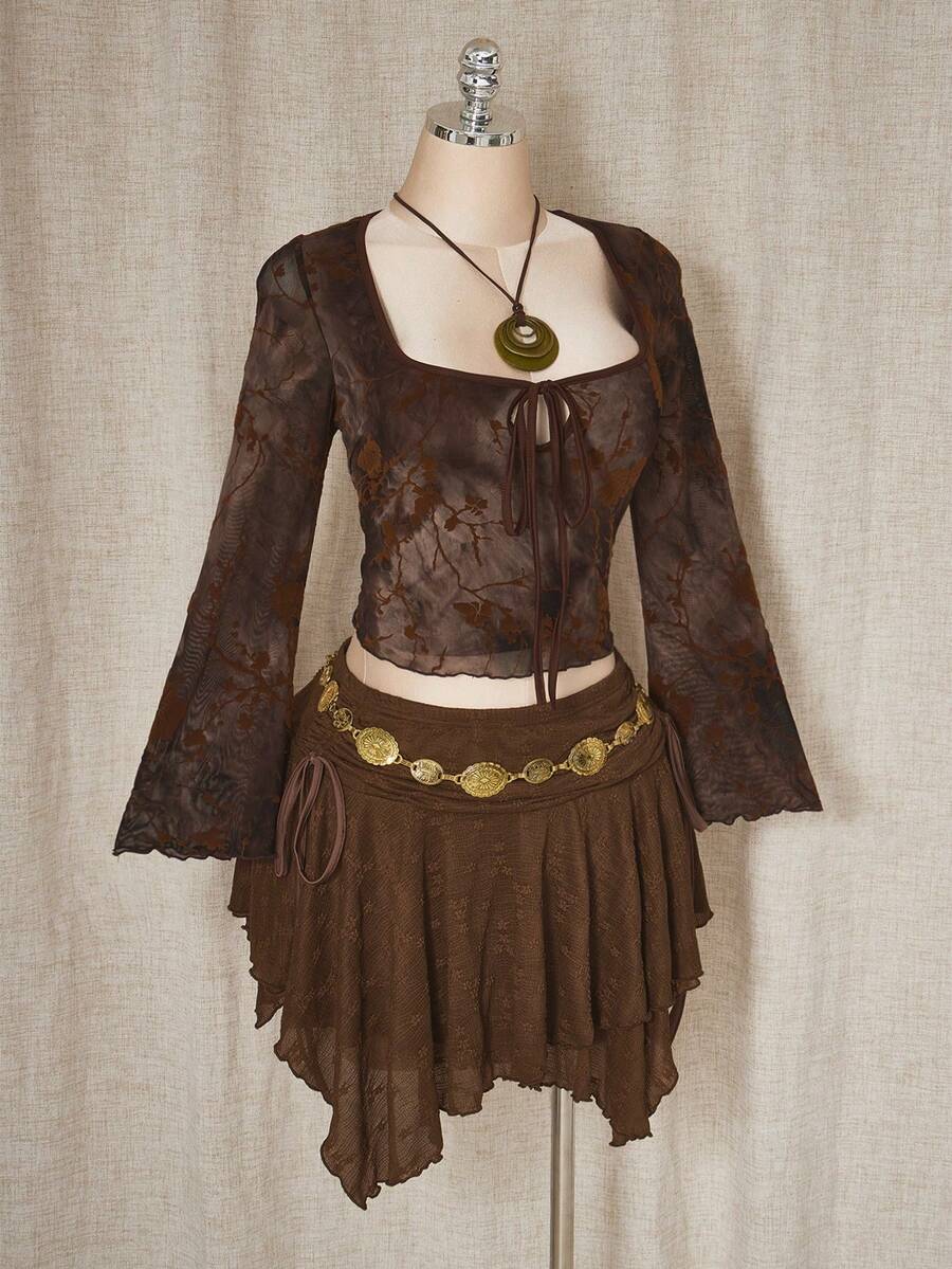 SHEIN ICON 大码女式波西米亚风格棕色纹理针织不对称迷你裙 - 棕色 - 查看 1