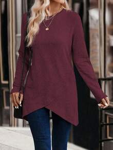SHEIN LUNE 女式纯色圆领长袖休闲不对称下摆T恤 - 中紫紅色 - 查看 3