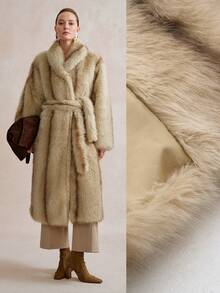 SHEIN Stylify Women's Casual Fluffy Faux Fur Straight Coat, Minimalist Design, Autumn/Winter - Khaki - View 4