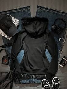 SHEIN EZwear Women's Floral Print Rhinestone Zipper Front Fuzzy Collar Casual Sweatshirt, Autumn/Winter Rhinestone Zip Up Cross Goth Style Rockstar Women Anime - Black - View 2