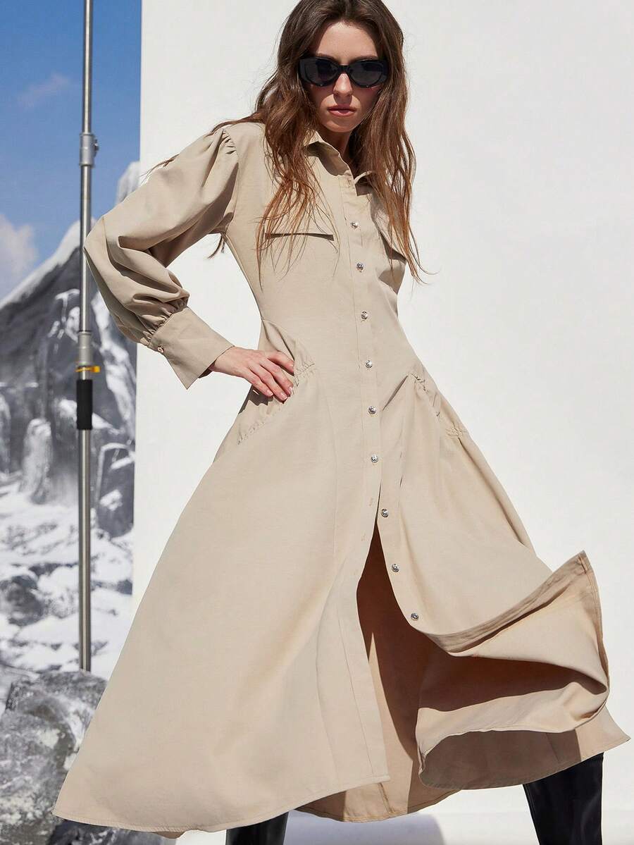 Aveloria Modichic Elegant Waist Cinched Solid Color Long Sleeve Dress, Fashionable & Versatile, Suitable For Commuting, European & American Style, Autumn/Winter - Khaki - View 1