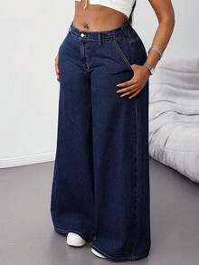 SHEIN Tall CURVE 大码夏季秋季返校季可爱2000年代风格卡哇伊Y2K机场休闲老钱风图卢姆水洗低腰阔腿蓝色宽松牛仔裤 - 深色水洗藍 - 查看 6