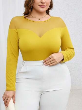 SHEIN Privé Camiseta de manga larga con cuello redondo, parche de malla y unicolor para mujer de talla grande