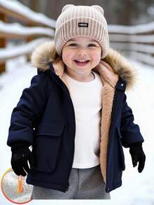 Baby Boy Casual Comfortable Versatile Faux Fur Trim Hooded Jacket, Thermal Lined, Contrast Color Cargo Pockets, Zipper, Mid-Length Winter Coat, Suitable For Home & Outdoor