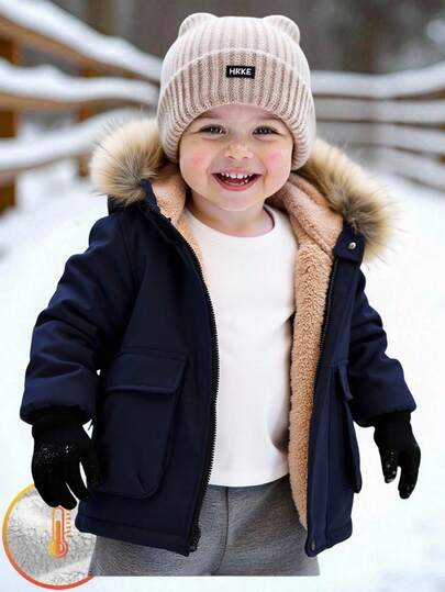 SHEIN Baby Boy Casual Comfortable Versatile Faux Fur Trim Hooded Jacket, Fleece Lining, Contrast Color Cargo Pockets, Zipper, Mid-Length Winter Coat, Suitable For Home & Outdoor
