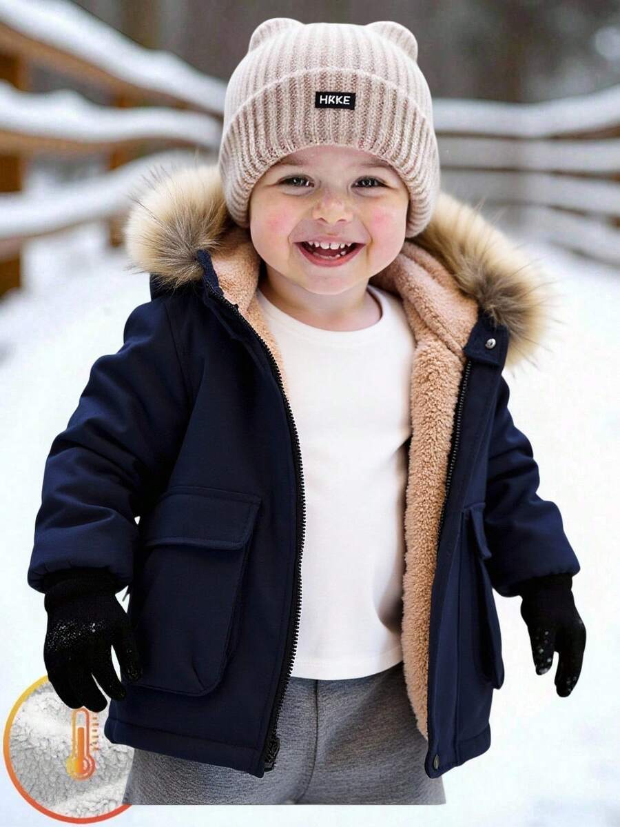SHEIN Baby Boy Casual Comfortable Versatile Faux Fur Trim Hooded Jacket, Thermal Lined, Contrast Color Cargo Pockets, Zipper, Mid-Length Winter Coat, Suitable For Home & Outdoor