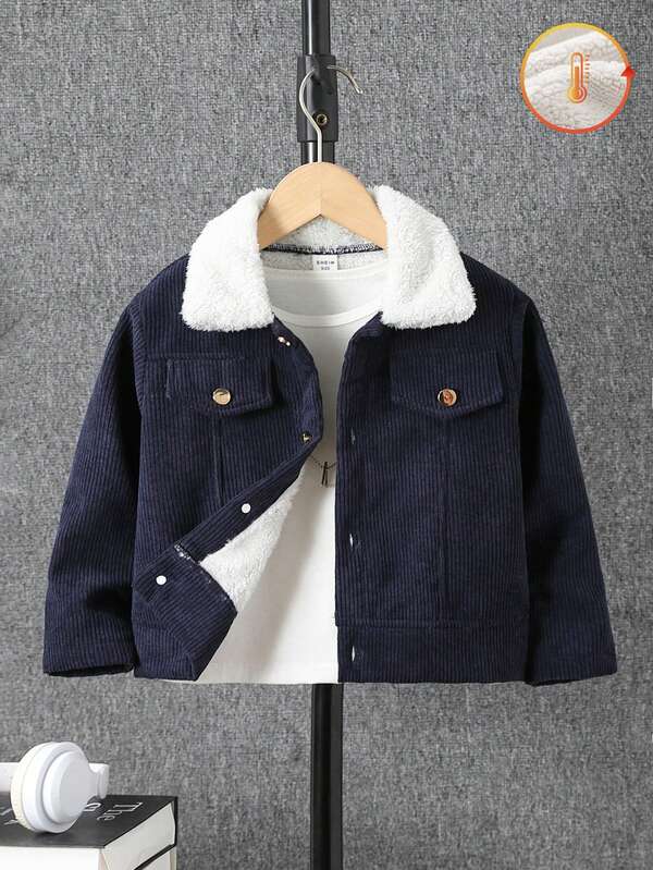 1pc Young Boys' Casual Korean Style Corduroy Fleece Thick Jacket, Simple And Convenient For Daily Wear And Outdoor Activities, Autumn/Winter,Thermal Thermal Lined