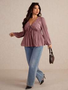 Elaquor Áo cánh tay đèn lồng xếp ly thêu khoét rỗng phía trước thời trang cho nữ cỡ lớn - Hồng - Xem 3