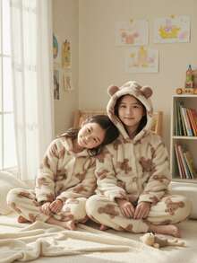 2 件套青少年女孩秋冬双面蓬松可爱卡通熊印花连帽开衫和休闲裤家居服套装 - 杏色 - 查看 3