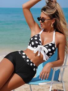 Swim Lushoire 2 件套女士泳衣套装，优雅复古黑白波尔卡圆点印花图案，可调节吊带颈带，适合海滩、泳池、休闲派对、度假 - 黑與白 - 查看 1