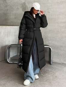 EURMUSE Belt DETAILED FUR ADDED LONG WINTERCOAT - Black - View 1