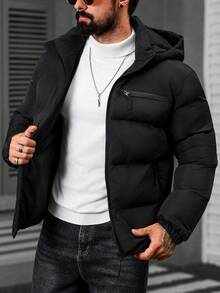 Manfinity CasualCool 男士纯色立领冬季夹克，男士冬季外套，纯色加绒保暖冬季外套，男士羽绒服，黑色男士夹克，男士外套，男士冬季服装，男士夹克和大衣 - 黑色 - 查看 3