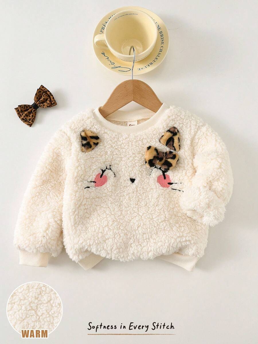 Cozy Pixies 女婴豹纹蝴蝶结猫咪刺绣毛绒圆领长袖套头卫衣 女婴冬季服装 女婴 - 杏色 - 查看 1