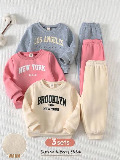 Cozy Pixies Set de 6 piezas de sudadera de cuello redondo de manga larga y pantalones jogger de cintura elástica con patrón de letras vintage para bebé niña