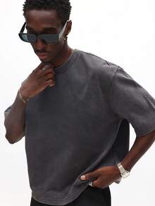 SUMWON 水洗复古印花圆领短袖T恤，背面全幅图案设计，休闲款 - 灰色 - 查看 6