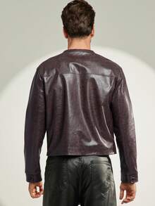 Men's Versatile PU Leather Slant Pocket Button Front Jacket - Black - View 2