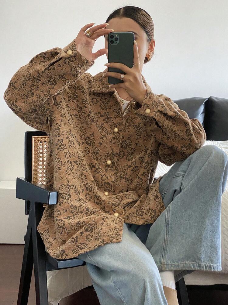 Women's Loose Fit Floral Jacquard Fabric Long Sleeve Casual Vintage Shirt, Autumn/Winter