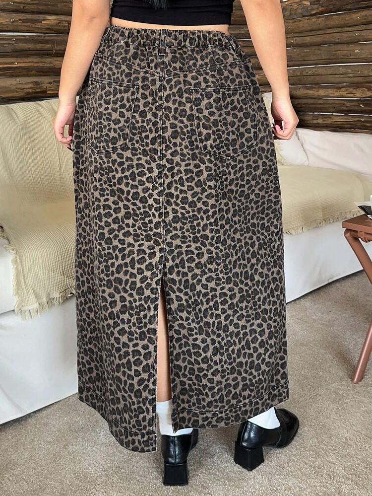 Dazy Plus Plus Size Women Leopard Print Casual Straight Pocket Denim Skirt, Spring/Autumn
