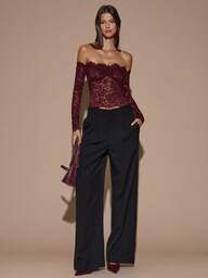 SHEIN BAE Sexy kanten doorschijnende, holle off-shoulder top met lange mouwen voor dames, wijnrood, geschikt voor Kerstmis, Halloween, Dag van de Doden, herfst/winter laagjes