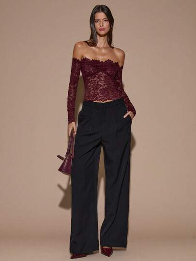 SHEIN BAE Women's Lace Sexy Sheer Hollow Out Off-Shoulder Long Sleeve Top, Wine Red, Day Of The Dead, Autumn/Winter Layering,Red Top,Christmas,Red Tops For Women,Valentine's Day,Valentine Outfits For Women