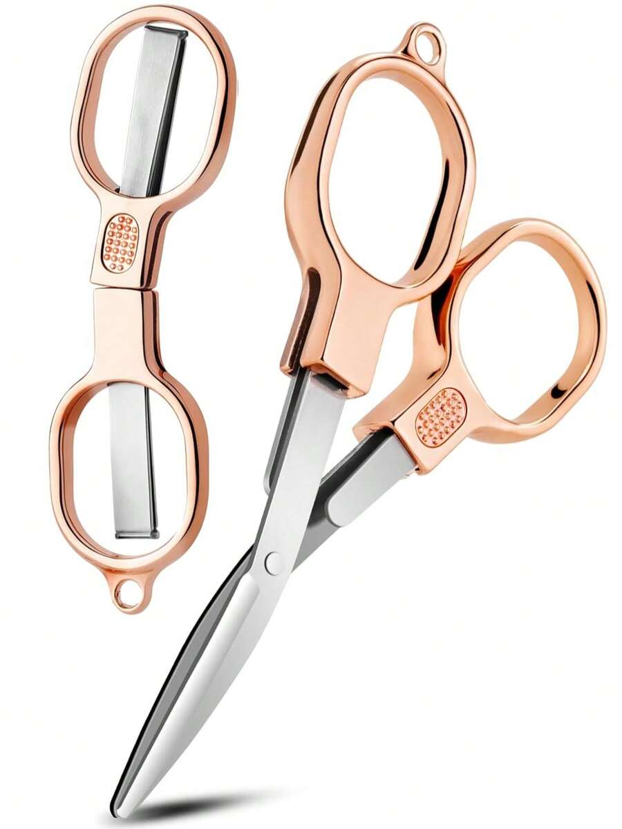 Double Circle Retro Rose Gold Folding Scissors - Portable Mini Rose Gold Scissors With Compact Design, Ideal For Private Fishing, Travel, Home Use, Lightweight & Easy To Carry, Sharp Rose Gold Blade For Precise Cutting