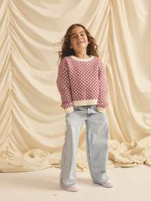 Suéter holgado de cuello redondo con ribete de contraste, informal para niña, otoño/invierno