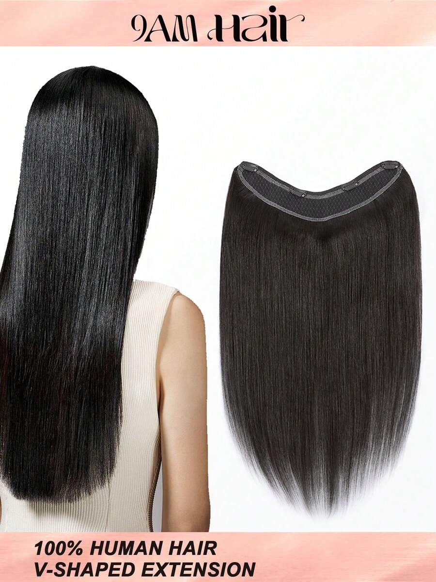 Una pieza de extensiones de cabello natural con clip en forma de V, cabello humano 100% de color negro natural, cabello liso, liviano, transpirable e invisible, adecuado para todo tipo de cabello y uso diario - Natural Black - Ver 1