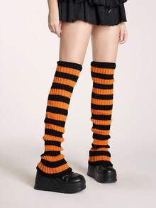 ROMWE Grunge Punk 1 Pair Women's Solid Color Knitted Extra Long Leg Warmers, Dark Purple & Black Striped, Suitable For All Seasons - Orange black - View 2