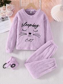 女童休闲毛绒猫咪图案刺绣长裤和长袖舒适睡衣套装 - 淡紫色 - 查看 8