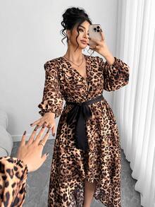 Cravure Plus Size Women Sexy Waist Belt Leopard Print High Slit Ruffle Hem Long Sleeve Dress - Khaki - View 7