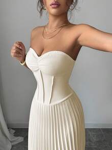 SHEIN Elenzya Elegant Ruched A-Line Waist Dress, Romantic & Refined, Suitable For Back To School, Autumn Outfit, Wedding Guest, Commute, Business Casual - Apricot - View 3