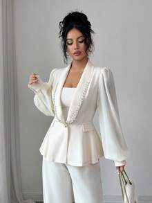 Rafferiza 女士优雅水钻装饰雪纺拼布披肩领单排扣长袖西装外套 - 杏色 - 查看 3