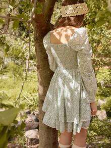 Teen Girls' Spring/Autumn Gingham Print Fitted Bubble Sleeve Crew Neck Casual Dress For Outing, Party, Vacation - Baby Blue - View 2