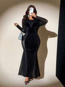 Viva Relle Plus Size Solid Color Minimalist Long Sleeve Casual Dress - Black - View 5