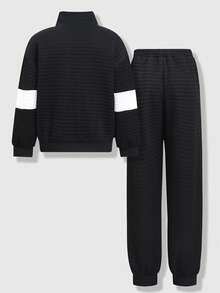 Explorewe 2pcs/Set Tween Boys' Black Casual Patchwork Textured Knit Jacket Coat & Jogger Pants Set, Practical Outfit Combining Relaxed Yet Refined Style, Soft Fabric Provides Comfortable Wear, Suitable For Autumn/Winter - Black - View 2