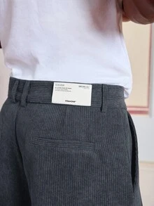 SWAVVY Quần vải nhung kẻ dáng rộng, thắt lưng xếp ly màu trơn cho nam - Xám - Xem 5