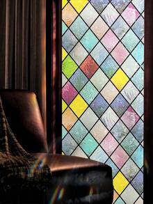 1 Roll Retro Diamond Window Decorative Film, Rainbow Grid Static Cling Privacy Film, Non-Adhesive UV Blocking, For Home Decor, Size 17.7 X 118 Inch - 彩色 - 查看 22