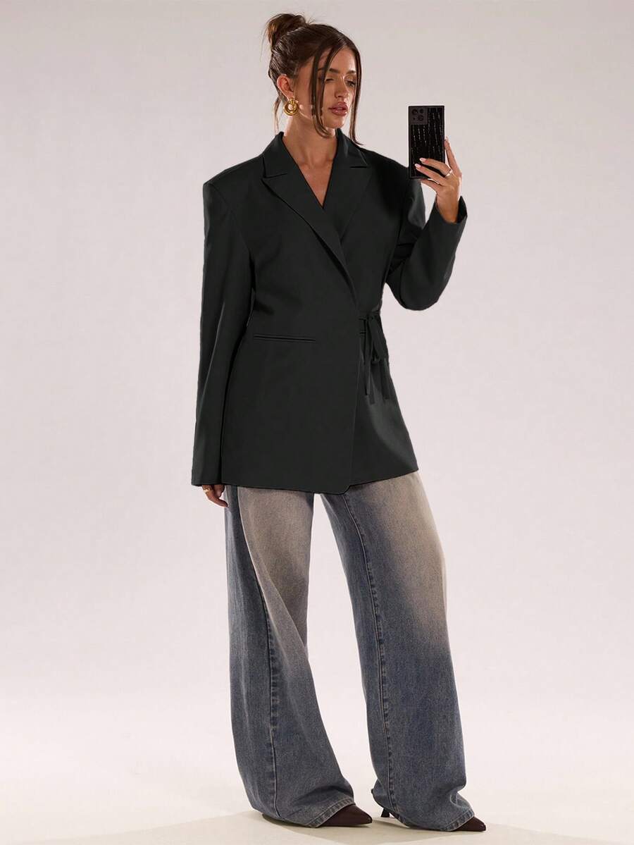 SHEIN BAE Women's Solid Color Crossed Wrap Long Sleeve Fashionable Versatile Blazer - Black - View 1