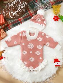 SHEIN 2Pcs Set Knitted Newborn Girl Romper With Matching Pom Hat Baby Girl Photography Outfits 1 Month 100 Days Baby Photo Shooting Props - Multicolor - View 2