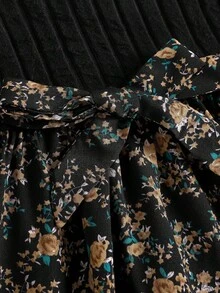 SHEIN 少女/少女花卉印花灯笼袖荷叶边下摆连衣裙，田园风格 - 黑色 - 查看 5