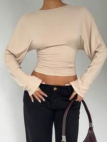 Aloruh Maglietta larga a maniche lunghe con vita stretta, colore unito, adatta per autunno/inverno - Albicocca - Visualizzare 5